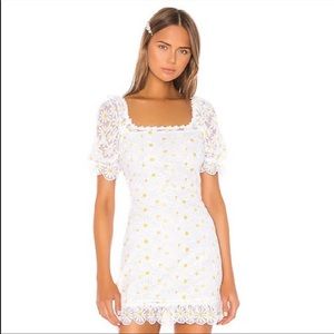 For Love & Lemons White Daisy Chain Floral Mesh Puff Sleeve Mini Dress